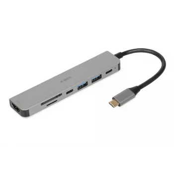 Docking hub IBOX IUH3SL4K USB Type-C 5 Gbit/s, HDMI 4K@30Hz, PD up to 100W, 2x USB-A, 2x USB-C, card reader, silver