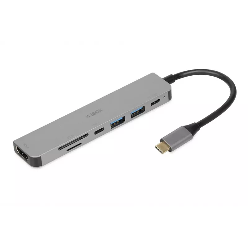 Docking hub IBOX IUH3SL4K USB Type-C 5 Gbit/s, HDMI 4K@30Hz, PD up to 100W, 2x USB-A, 2x USB-C, card reader, silver