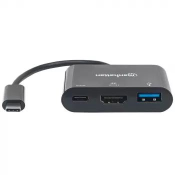 Manhattan USB-C Dock/Hub, Ports (x3): HDMI, USB-A and USB-C, 5 Gbps (USB 3.2 Gen1 aka USB 3.0), With Power Delivery (60W) to USB-C Port (Note additional USB-C wall charger and USB-