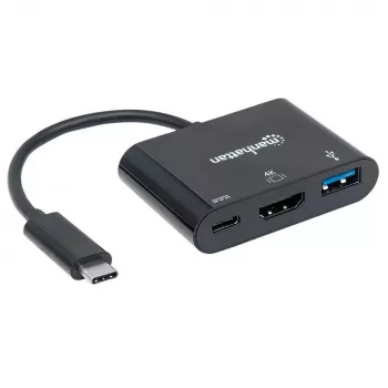 Manhattan USB-C Dock/Hub, Ports (x3): HDMI, USB-A and USB-C, 5 Gbps (USB 3.2 Gen1 aka USB 3.0), With Power Delivery (60W) to USB-C Port (Note additional USB-C wall charger and USB-