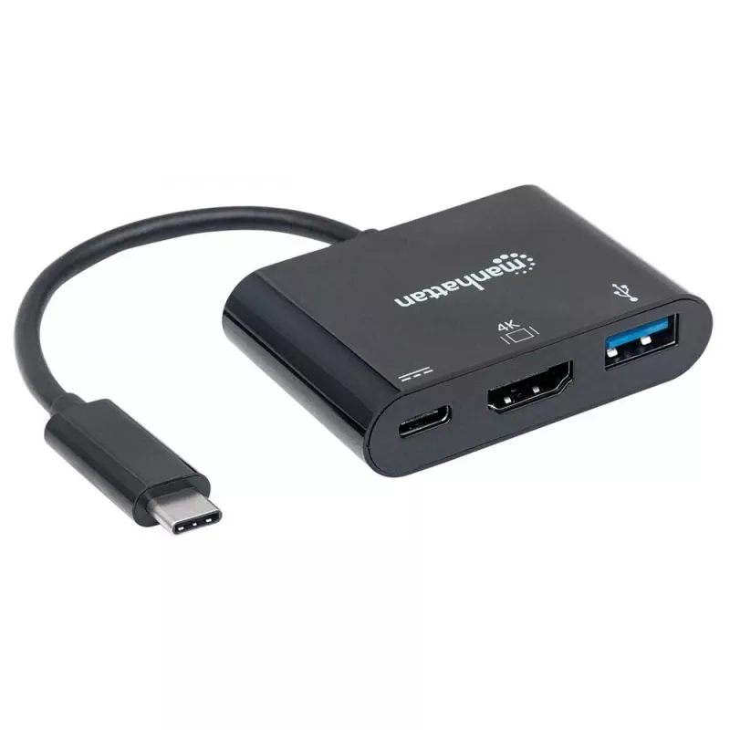 Manhattan USB-C Dock/Hub, Ports (x3): HDMI, USB-A and USB-C, 5 Gbps (USB 3.2 Gen1 aka USB 3.0), With Power Delivery (60W) to USB-C Port (Note additional USB-C wall charger and USB-