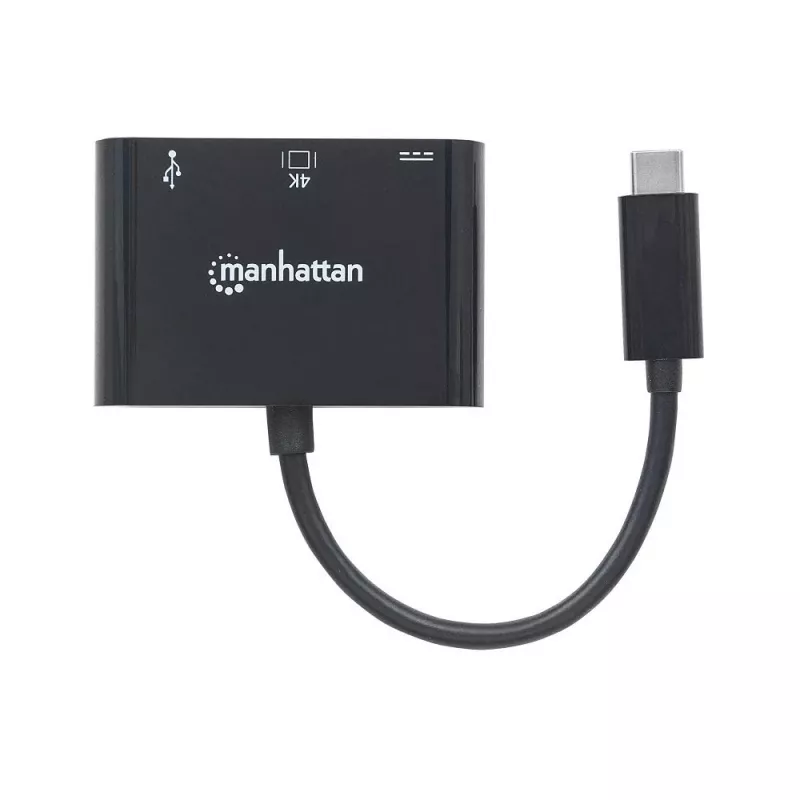 Manhattan USB-C Dock/Hub, Ports (x3): HDMI, USB-A and USB-C, 5 Gbps (USB 3.2 Gen1 aka USB 3.0), With Power Delivery (60W) to USB-C Port (Note additional USB-C wall charger and USB-
