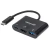 Manhattan USB-C Dock/Hub, Ports (x3): HDMI, USB-A and USB-C, 5 Gbps (USB 3.2 Gen1 aka USB 3.0), With Power Delivery (60W) to USB-C Port (Note additional USB-C wall charger and USB-