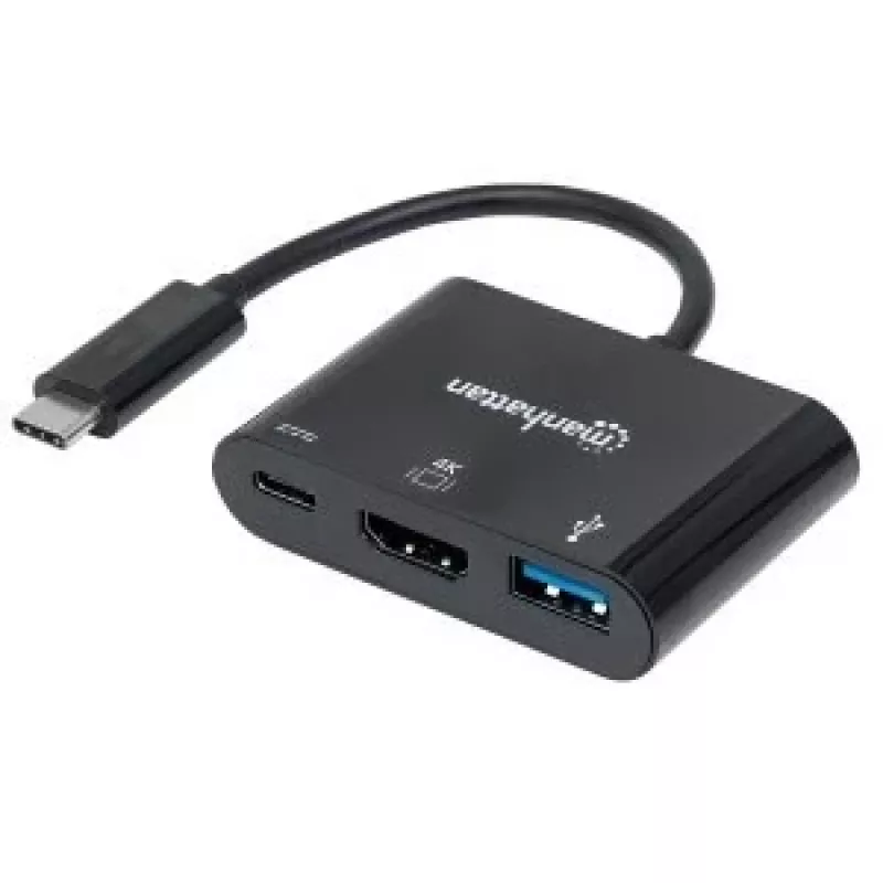 Manhattan USB-C Dock/Hub, Ports (x3): HDMI, USB-A and USB-C, 5 Gbps (USB 3.2 Gen1 aka USB 3.0), With Power Delivery (60W) to USB-C Port (Note additional USB-C wall charger and USB-