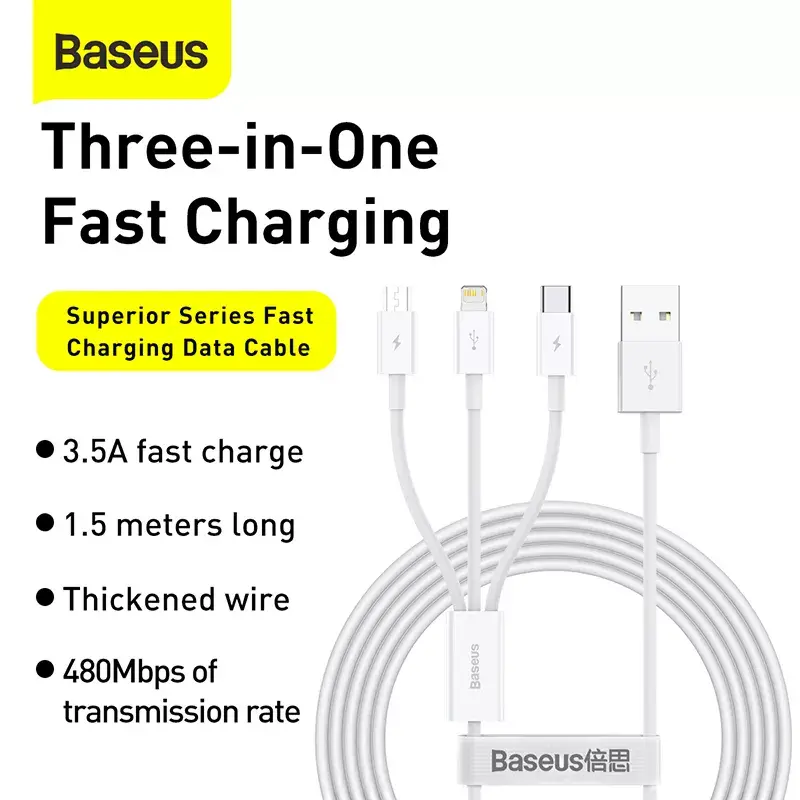USB Cable Baseus Superior USB 2.0 1.5m USB A USB C/Micro USB A/Lightning White