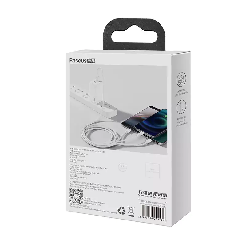 USB Cable Baseus Superior USB 2.0 1.5m USB A USB C/Micro USB A/Lightning White