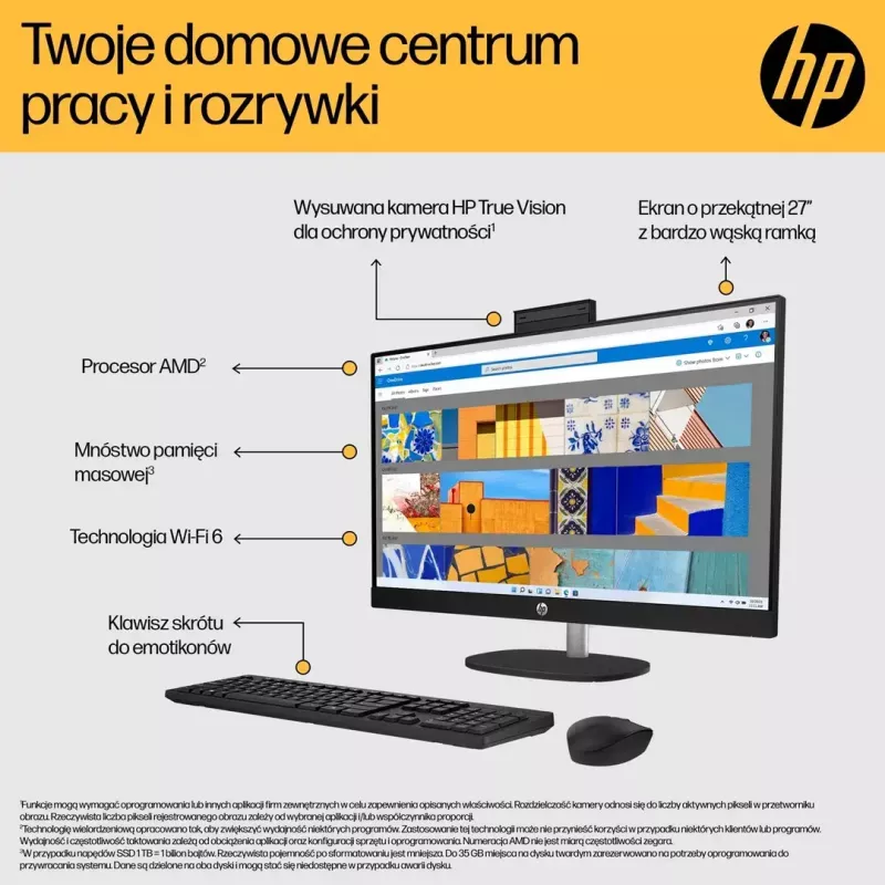 All-in-One PC HP 27-cr0222nw — HP All-in-One desktop with AMD Ryzen 7 7730U, 16GB RAM, 512GB SSD, 27 inch FHD, Windows 11 Home, Wi‑Fi 6