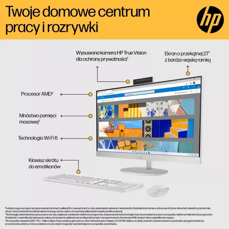 All-in-One PC HP 27-cr0222nw — HP All-in-One desktop with AMD Ryzen 7 7730U, 16GB RAM, 512GB SSD, 27 inch FHD, Windows 11 Home, Wi‑Fi 6