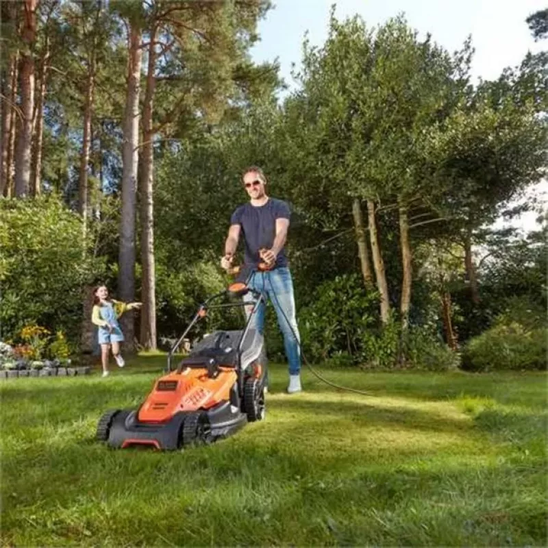 Black & Decker electric lawnmower with cutting height adjustment, height-adjustable handle with fold
