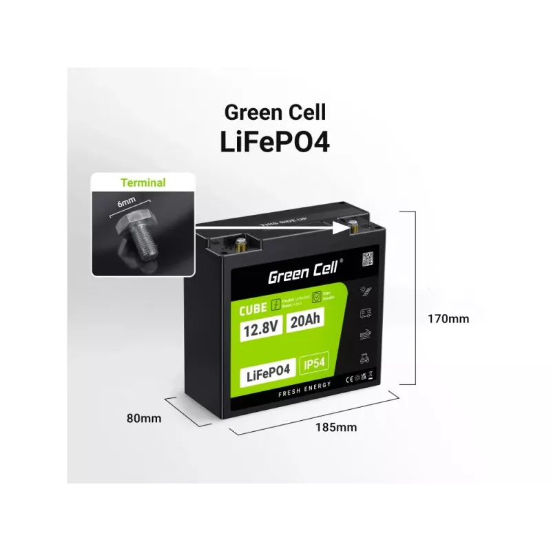 UPS battery Green Cell GC-LFPGC12V20AH Lithium Iron Phosphate 12.8V 20Ah, 256Wh, 185x80x170 mm, 3 kg