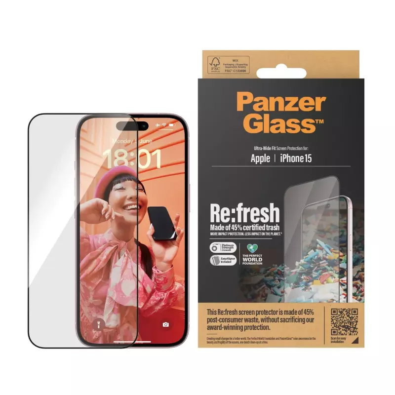 PanzerGlass ® Re:fresh Screen Protector iPhone 15 Ultra-Wide Fit EasyAligner Shock Resistant Transparent