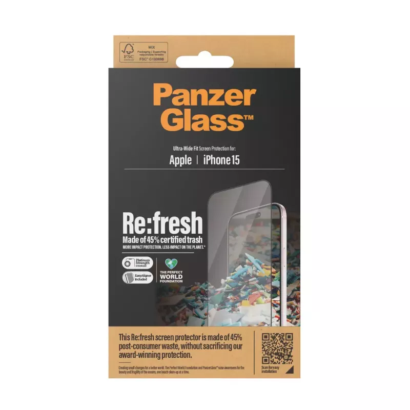 PanzerGlass ® Re:fresh Screen Protector iPhone 15 Ultra-Wide Fit EasyAligner Shock Resistant Transparent