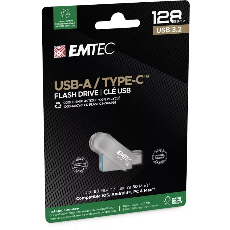 USB Flash Drive Emtec 128GB USB Type-A USB Type-C D280