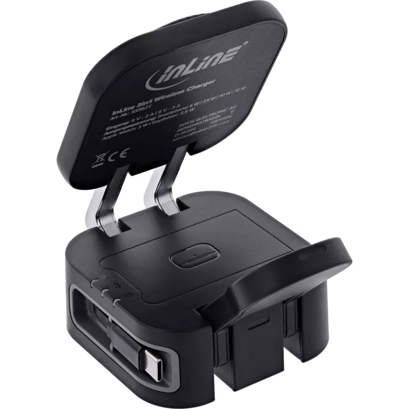 Indoor wireless charger InLine 33392T for headphones, headsets, smartphones and smartwatches — USB power 9/12 V, Black