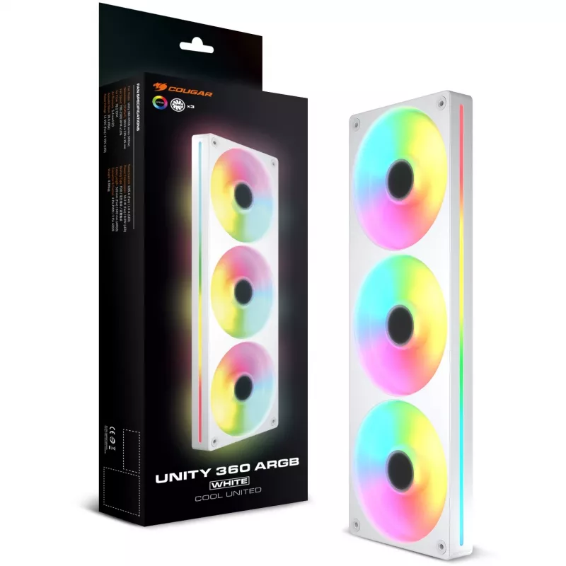 COUGAR Unity360-FB 360mm Single-Frame ARGB PWM Reversed Fan, 120mm x3, 700–1600 RPM, FDB, White