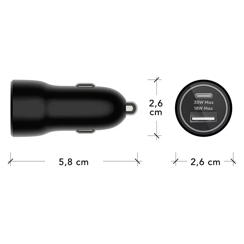 Car Charger d bramante re-charge — USB-C 30W + USB-A 18W, 12–24V, Black