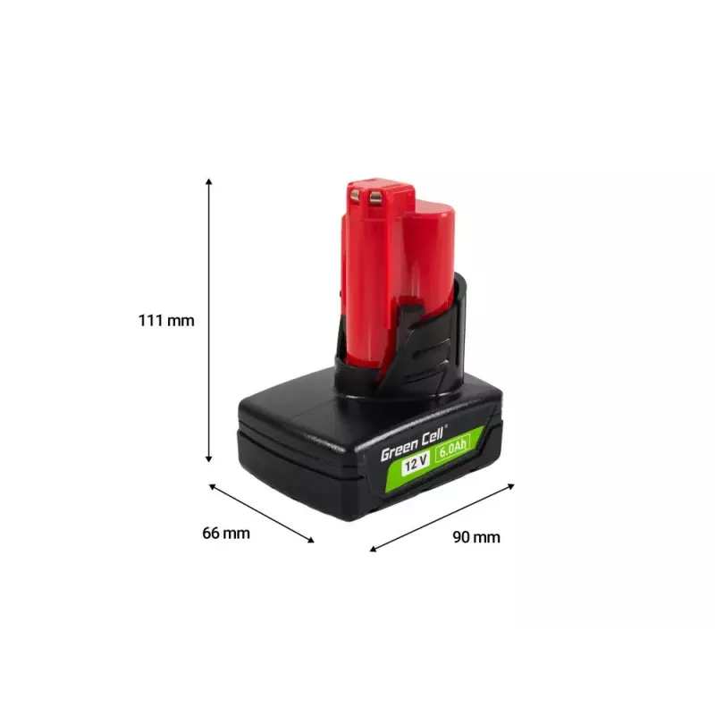 Cordless tool battery Green Cell PTML12V6 12V Li-Ion 6 Ah, dimensions 6.6×9×11.1 cm