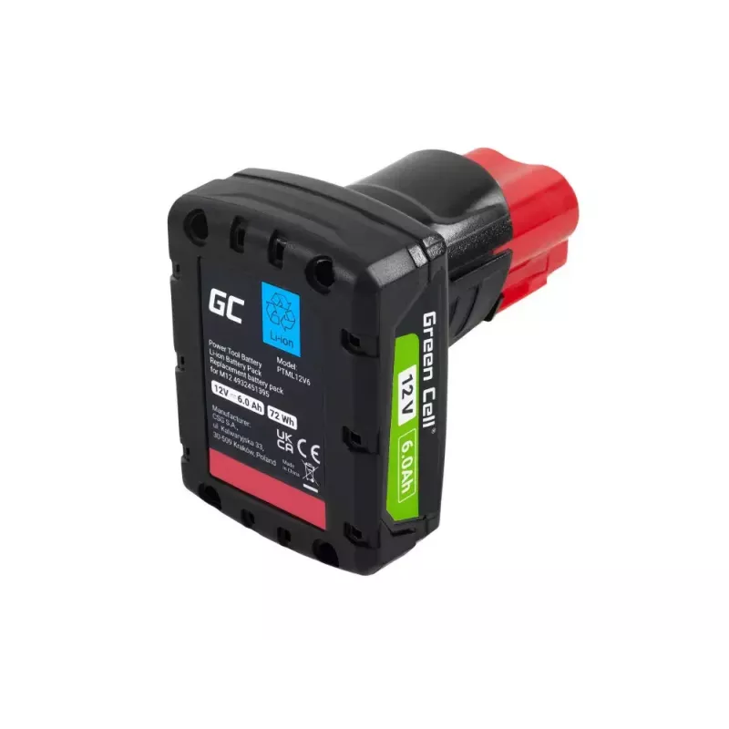 Cordless tool battery Green Cell PTML12V6 12V Li-Ion 6 Ah, dimensions 6.6×9×11.1 cm