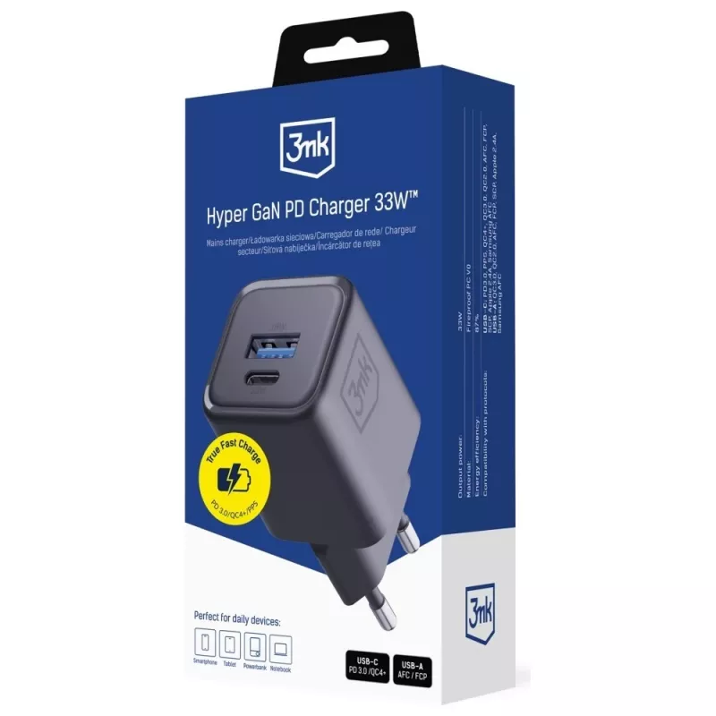 Charger 3MK Hyper Charger PD 33W GaN QC4+ black — 33W PD fast charger with GaN technology