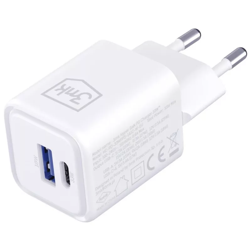 Wall charger 3MK Hyper Charger PD 33W GaN QC4+ white — USB‑C PD 33W, GaN, Quick Charge 4+