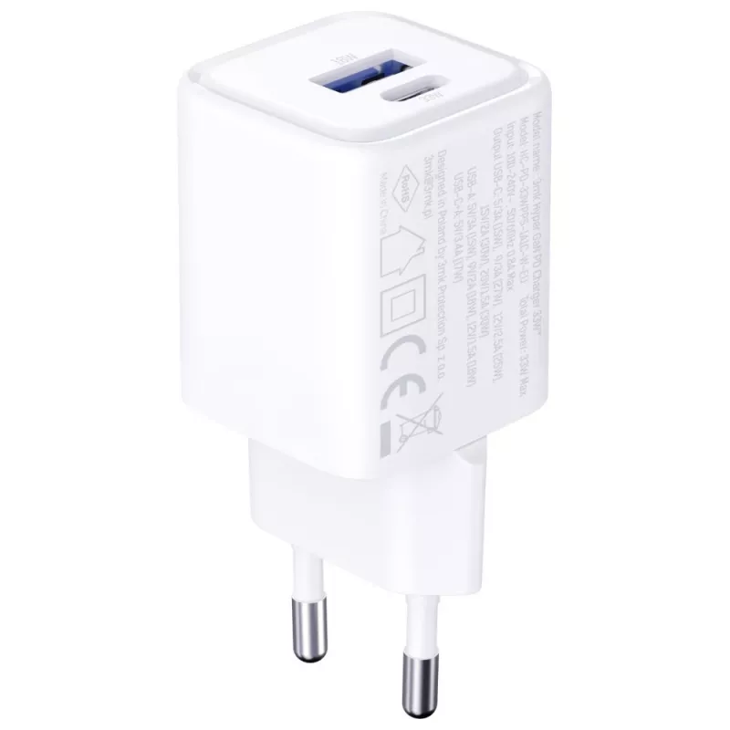 Wall charger 3MK Hyper Charger PD 33W GaN QC4+ white — USB‑C PD 33W, GaN, Quick Charge 4+