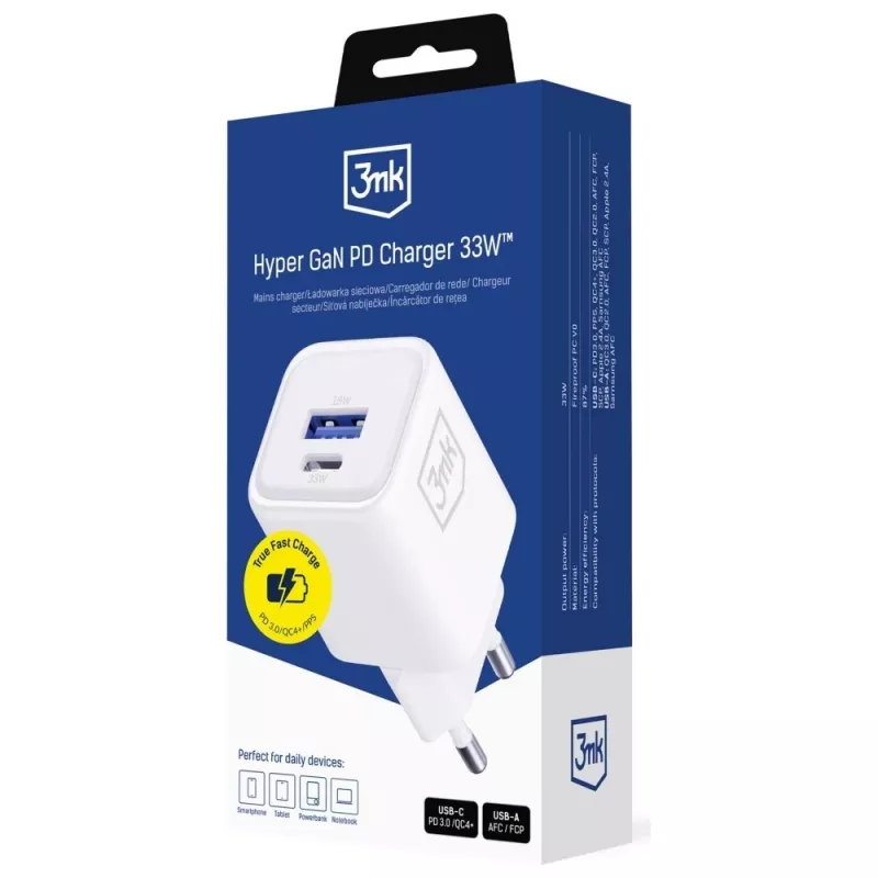 Wall charger 3MK Hyper Charger PD 33W GaN QC4+ white — USB‑C PD 33W, GaN, Quick Charge 4+