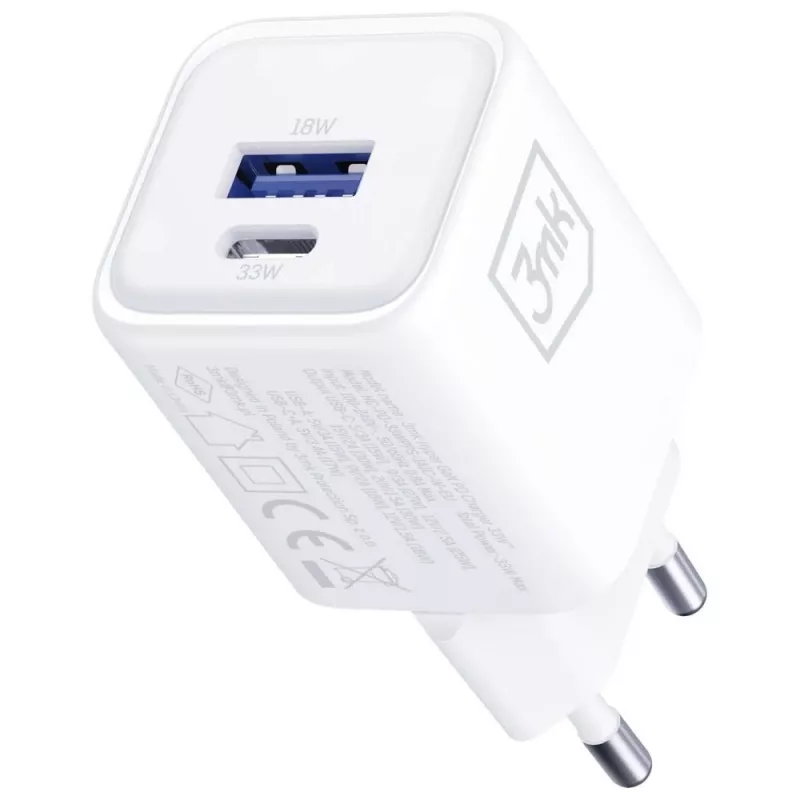 Wall charger 3MK Hyper Charger PD 33W GaN QC4+ white — USB‑C PD 33W, GaN, Quick Charge 4+