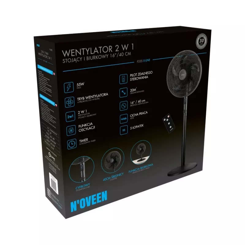 Noveen F535 X-Line 2-in-1 standing and desk fan, 40cm, black