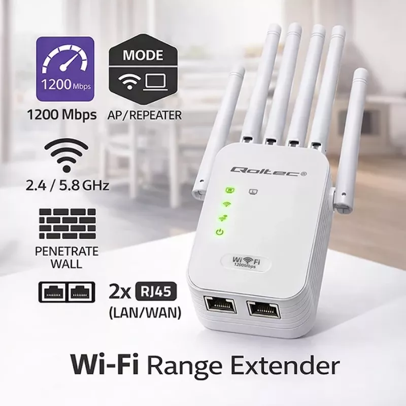 Wi‑Fi Signal Booster QOLTEC AC1200 – QOLTEC AC1200 dual‑band signal amplifier