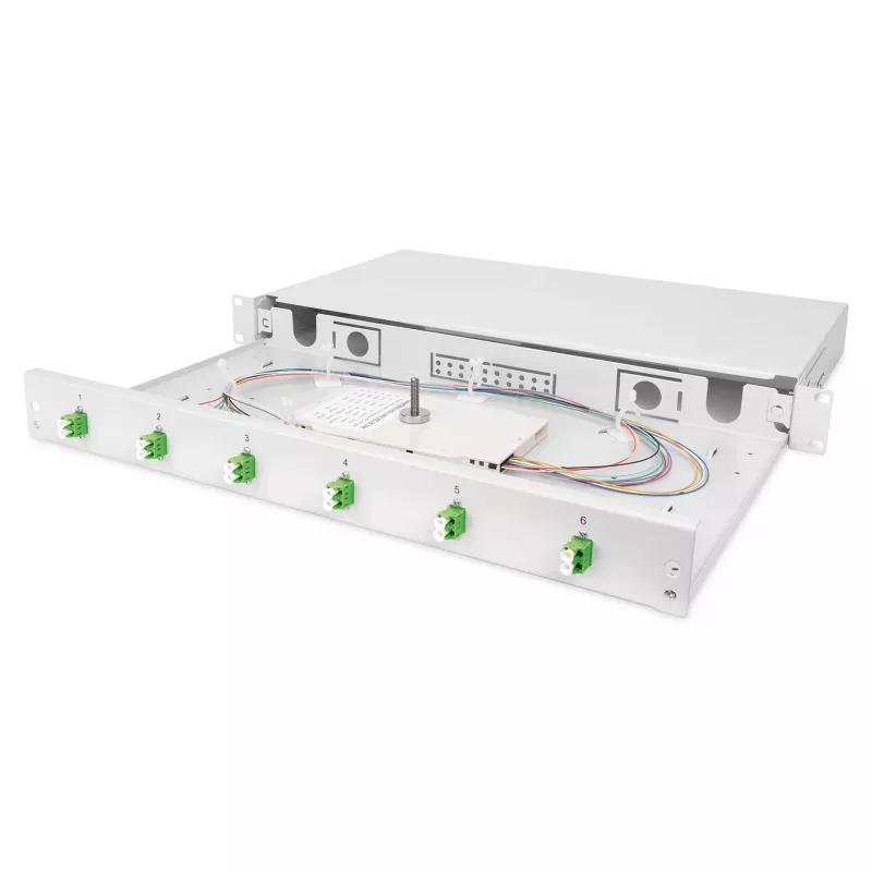Fiber optic splice box DIGITUS DN-96330/9APC 1U, equipped with 6x LC-APC DX, OS2, polymer/steel, light grey