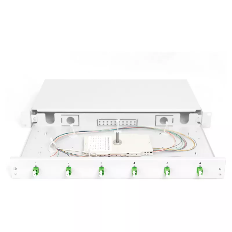 Fiber optic splice box DIGITUS DN-96330/9APC 1U, equipped with 6x LC-APC DX, OS2, polymer/steel, light grey