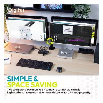 KVM Switch DIGITUS DS-12856 USB-C/USB-A 2‑port Dual HDMI 4K60Hz (USB 3.2 Gen 1)