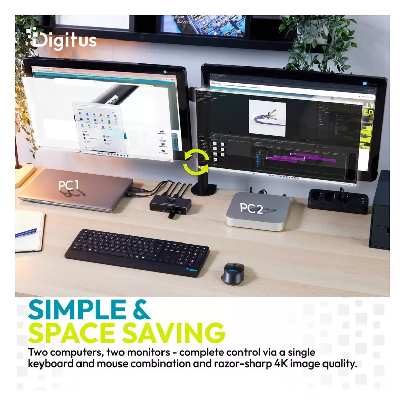 KVM Switch DIGITUS DS-12856 USB-C/USB-A 2‑port Dual HDMI 4K60Hz (USB 3.2 Gen 1)