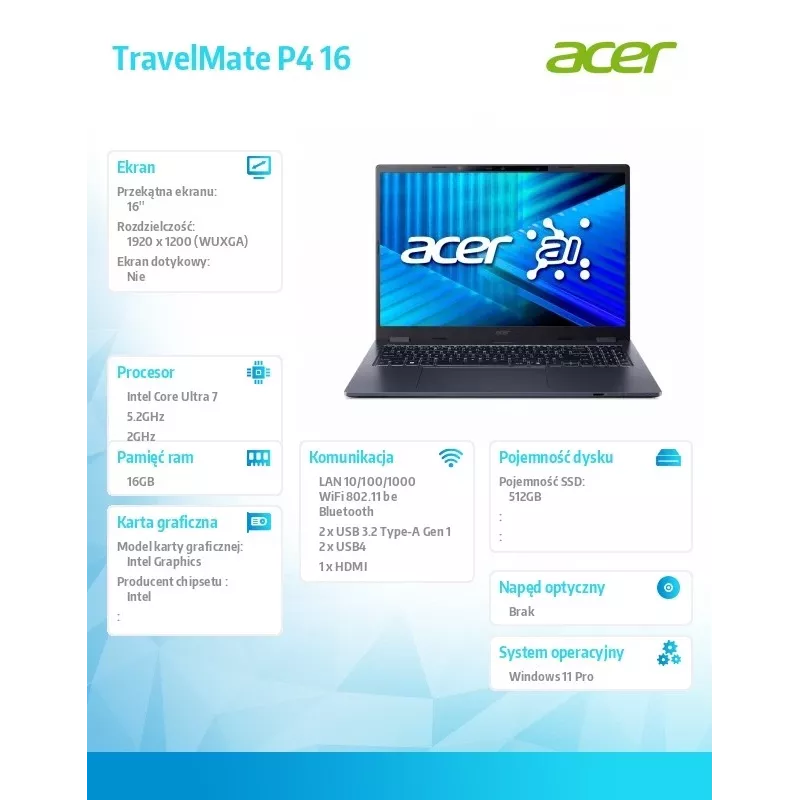 Acer TravelMate P4 TMP416-54-TCO laptop with Intel Ultra 7 255U, 16GB RAM, 512GB SSD, Windows 11 Pro