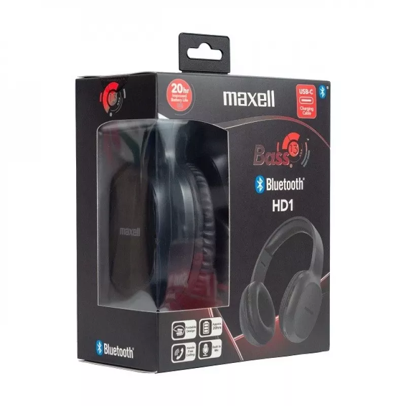 MAXELL HD1 BASS Bluetooth headphones with USB-C charging, bass-focused sound, wireless over-ear design
