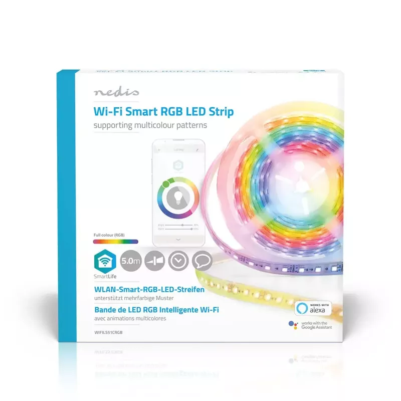 Smart strip light Nedis WIFILS51CRGB — Wi‑Fi, RGB, 24 W, 1 m cable, 12 mm width