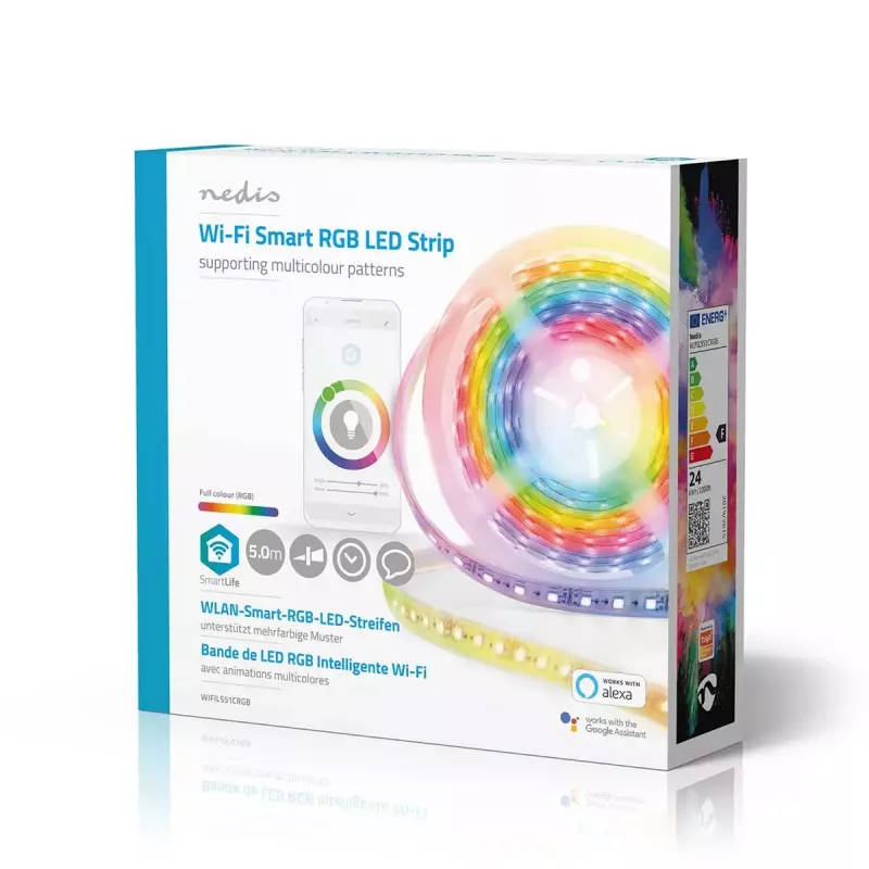 Smart strip light Nedis WIFILS51CRGB — Wi‑Fi, RGB, 24 W, 1 m cable, 12 mm width