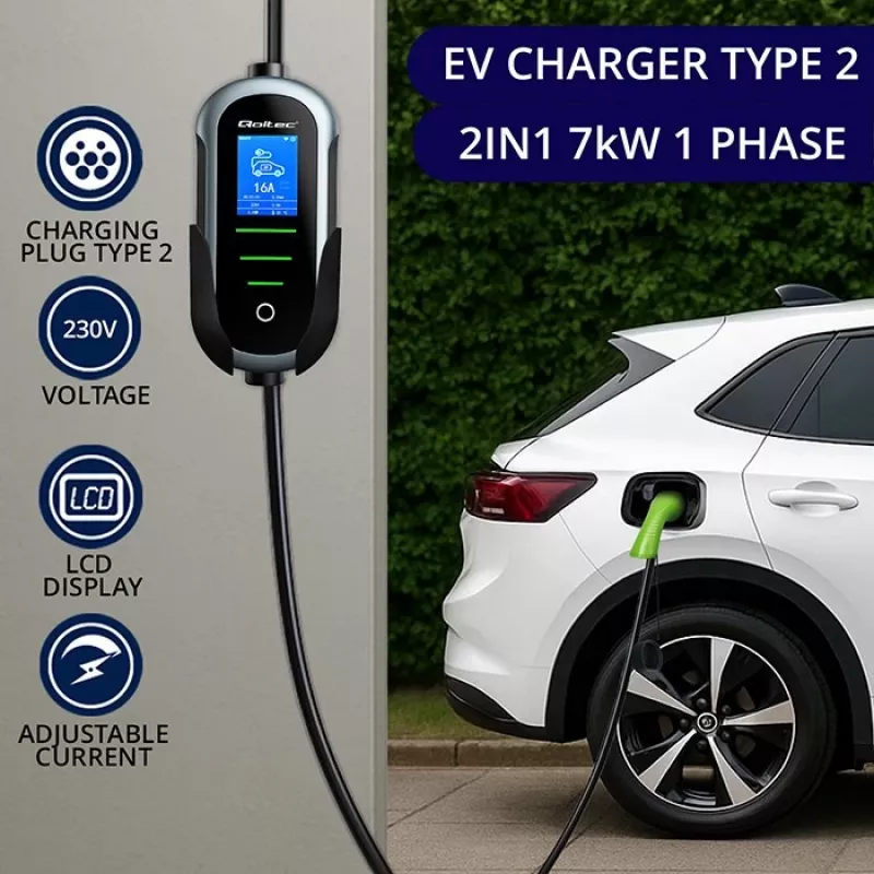 Wall-mounted electric car charger QOLTEC 7 kW 230V CEE 32A with Wi‑Fi and LCD (model 52721)