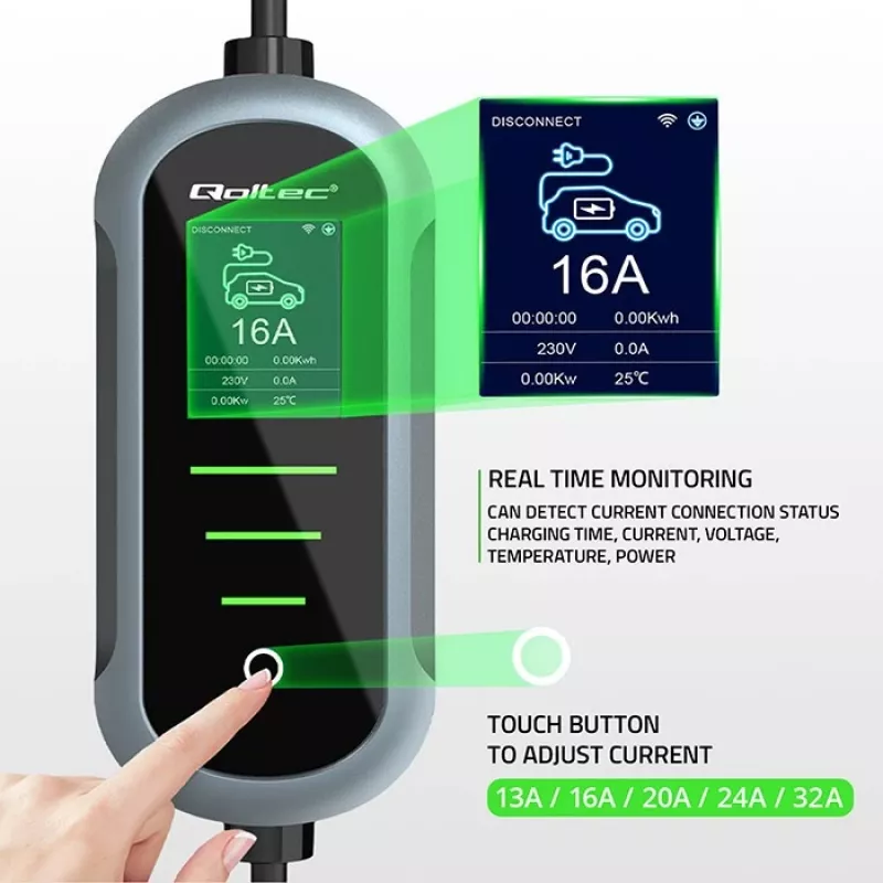 Wall-mounted electric car charger QOLTEC 7 kW 230V CEE 32A with Wi‑Fi and LCD (model 52721)
