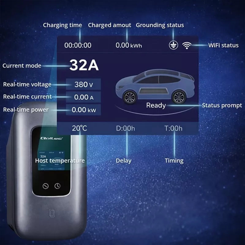 EV charging station QOLTEC 3-phase 22 kW 32 A with WiFi (model 52723)