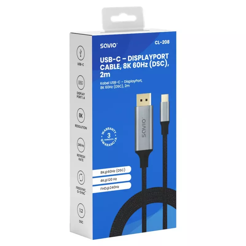 USB-C to DisplayPort Cable SAVIO CL-208 (DisplayPort 1.2, 2 m)
