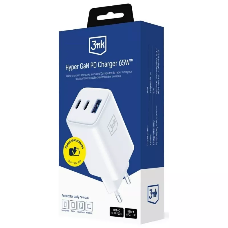3MK Charger Hyper GaN 65W QC4+ — USB GaN 65W fast charger with QC4+ support