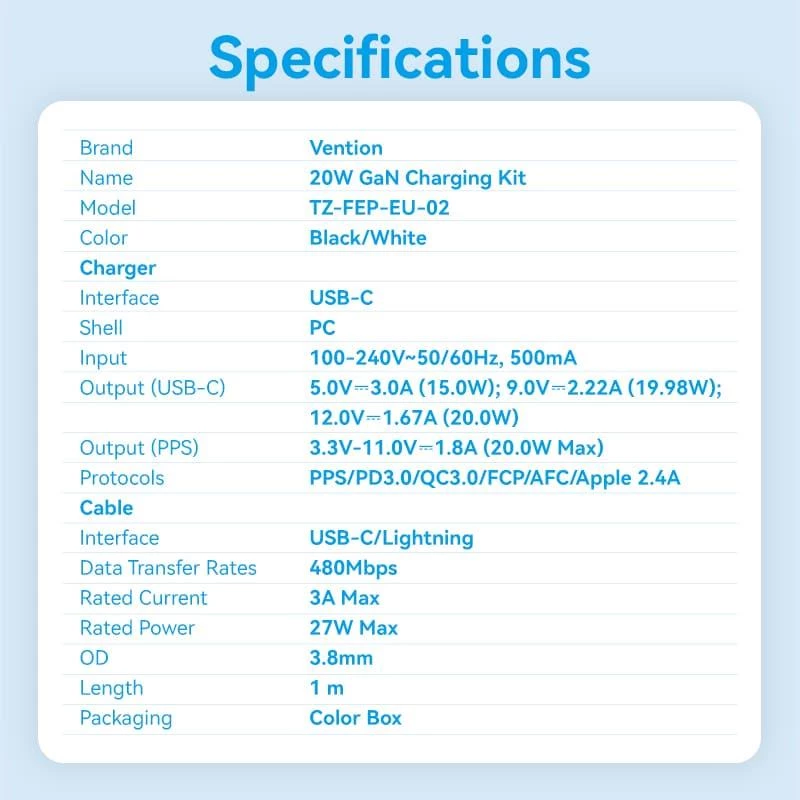 Mobile Charger Wall USB-C/20W TZ-FEPW0-EU-02 Vention