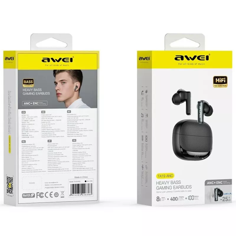 Awei Bluetooth headphones model ANC TA19 TWS with active noise cancellation, true wireless stereo, Bluetooth connectivity