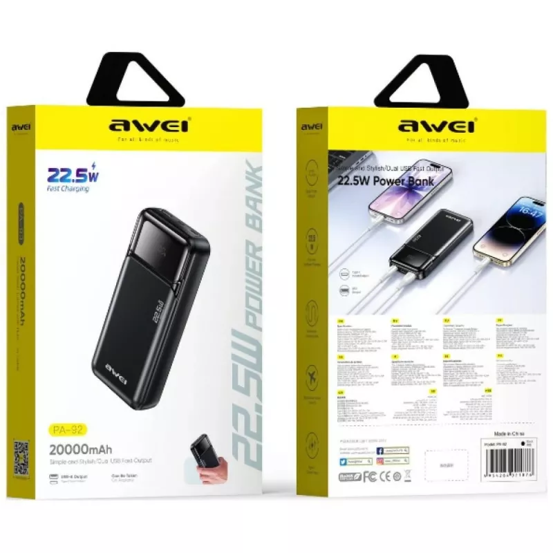 Powerbank Awei PA-92 20000mAh 22.5W PD with 2x USB-C ports