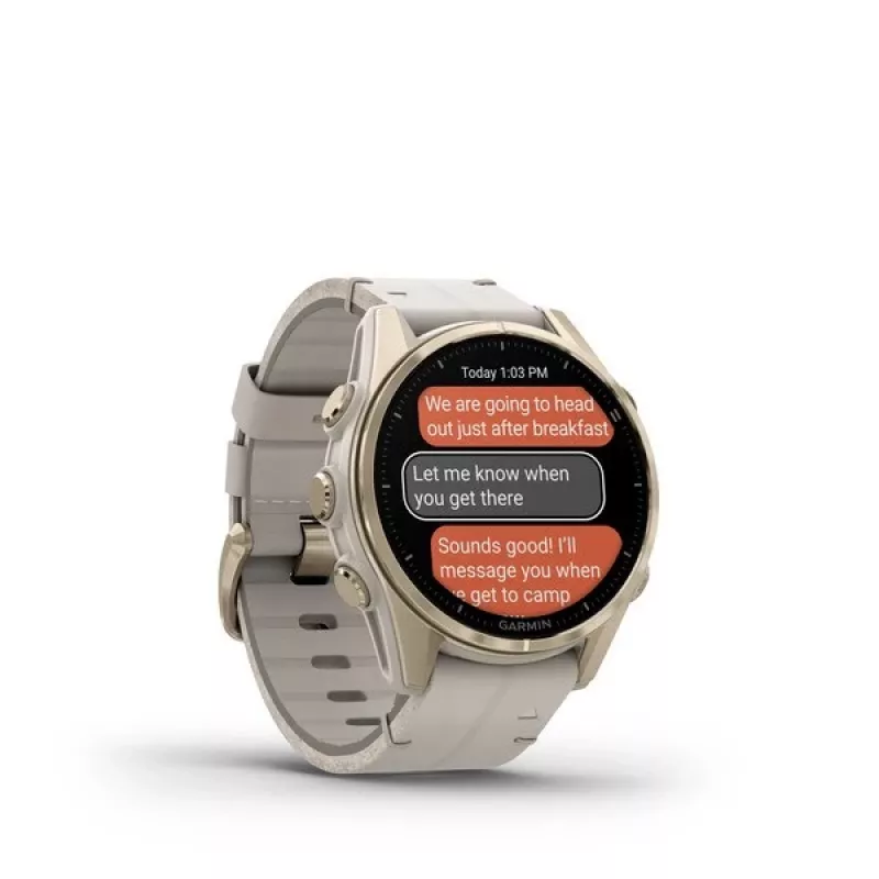 Smartwatch GARMIN Fenix 8 43 mm, 1.3 inch AMOLED 416×416, Touchscreen, Wi‑Fi, GPS, 32 GB, Gold case, Grey leather band