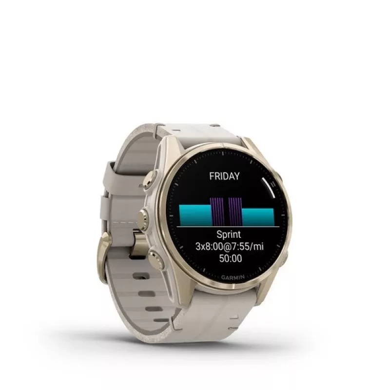 Smartwatch GARMIN Fenix 8 43 mm, 1.3 inch AMOLED 416×416, Touchscreen, Wi‑Fi, GPS, 32 GB, Gold case, Grey leather band