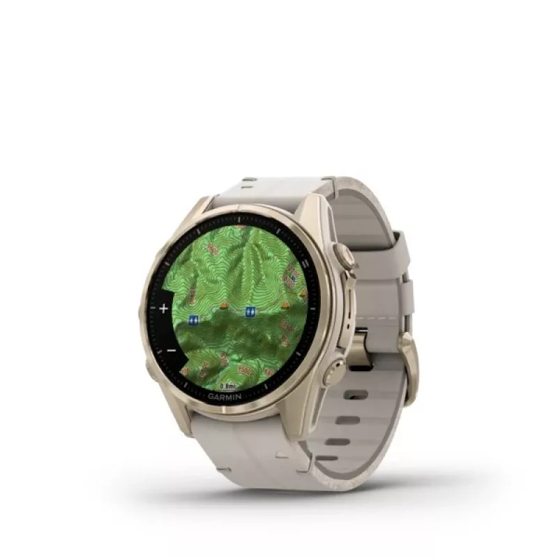 Smartwatch GARMIN Fenix 8 43 mm, 1.3 inch AMOLED 416×416, Touchscreen, Wi‑Fi, GPS, 32 GB, Gold case, Grey leather band