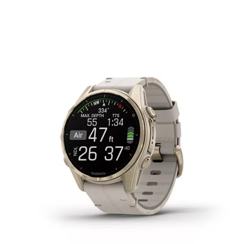 Smartwatch GARMIN Fenix 8 43 mm, 1.3 inch AMOLED 416×416, Touchscreen, Wi‑Fi, GPS, 32 GB, Gold case, Grey leather band