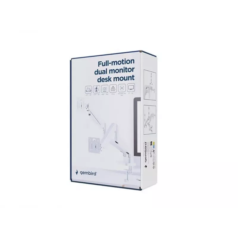 Monitor mount GEMBIRD MA-DA2-06-W for 17–32 inch screens, desk clamp/rail mounting, white